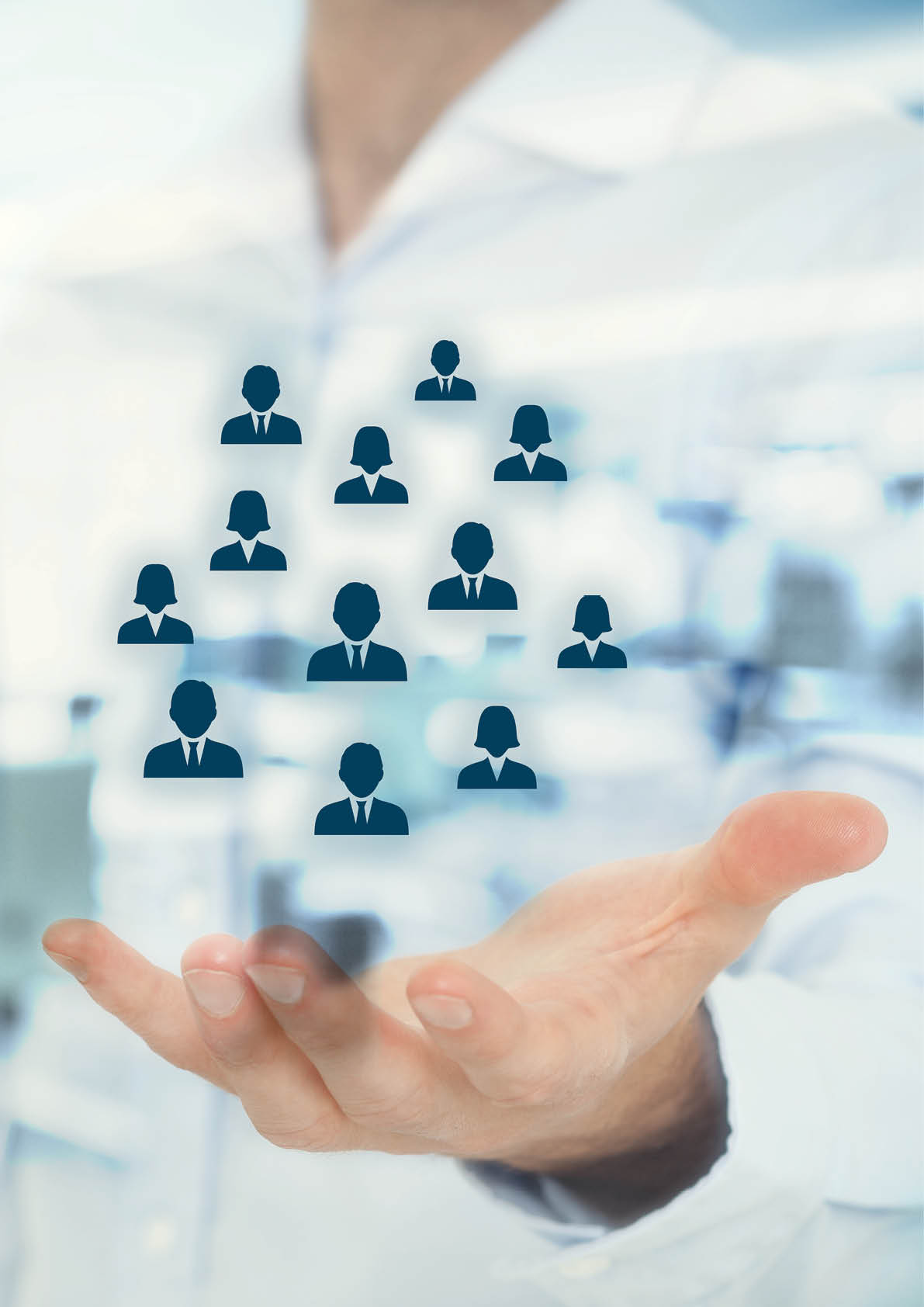 Human resources pool, customer care, care for employees, labor union, life insurance, employment agency and marketing segmentation concepts  Gesture of businessman or personnel and icons representing group of people  Double exposure with office in background  