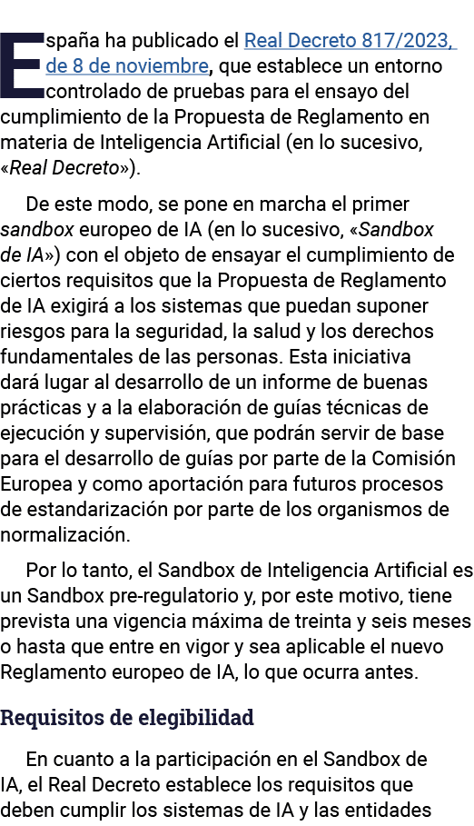 España ha publicado el Real Decreto 817 2023, de 8 de noviembre, que establece un entorno controlado de pruebas para    