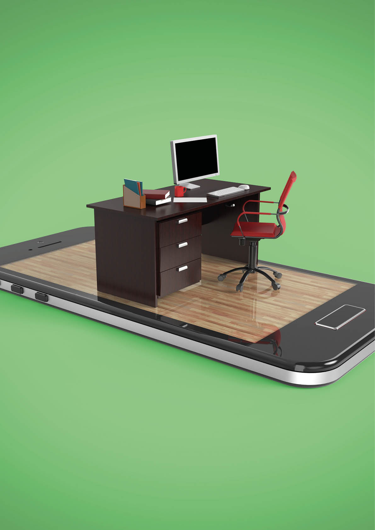office desk with monitor keyboard armchair  and mouse on smartphone screen isolated  Concept of mobile office, online outsource work remote jobs  3D Rendering