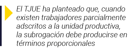  El TJUE ha planteado que, cuando existen trabajadores parcialmente adscritos a la unidad productiva, la subrogación    