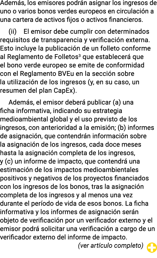 Además, los emisores podrán asignar los ingresos de uno o varios bonos verdes europeos en circulación a una cartera d   