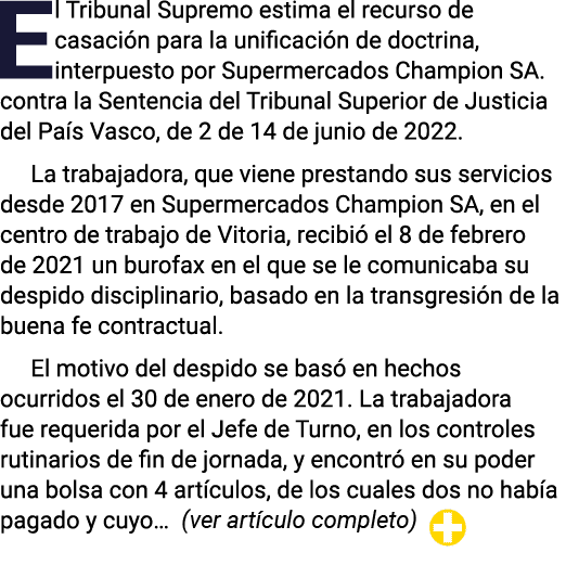 El Tribunal Supremo estima el recurso de casación para la unificación de doctrina, interpuesto por Supermercados Cham   