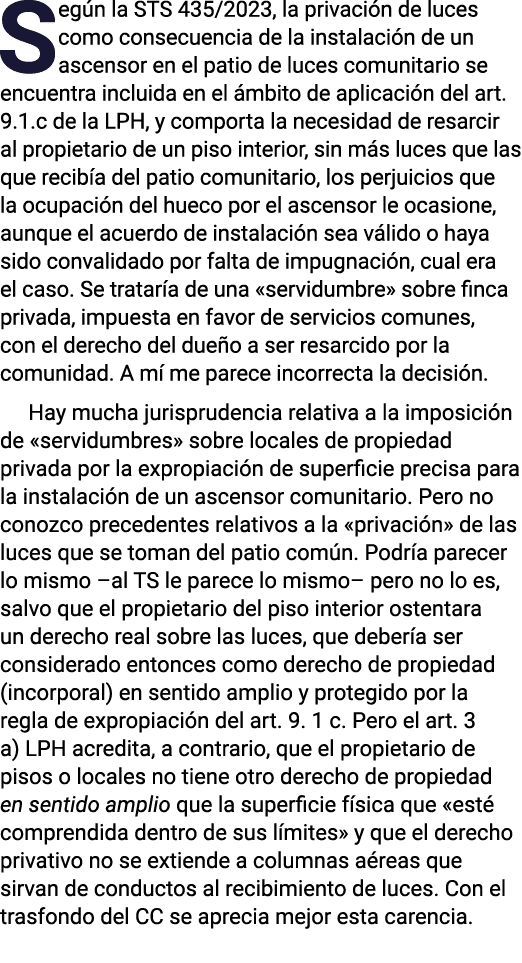 Según la STS 435 2023, la privación de luces como consecuencia de la instalación de un ascensor en el patio de luces    
