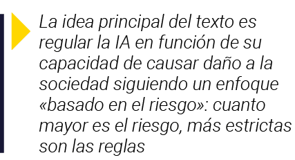  La idea principal del texto es regular la IA en función de su capacidad de causar daño a la sociedad siguiendo un en   