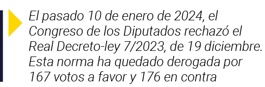  El pasado 10 de enero de 2024, el Congreso de los Diputados rechazó el Real Decreto-ley 7 2023, de 19 diciembre  Est   