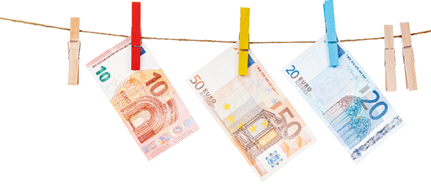 Euro banknotes are attached with clothespins of different colors to a rope on a white background