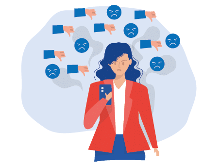   Cyber   Bullying concept,woman looking at dislikes and negative comments on social network, Cyber bullying  online abuse concept  funny vector illustrator