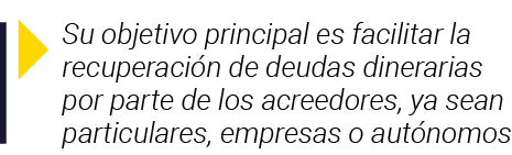  Su objetivo principal es facilitar la recuperación de deudas dinerarias por parte de los acreedores, ya sean particu   