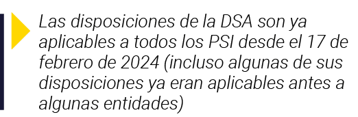  Las disposiciones de la DSA son ya aplicables a todos los PSI desde el 17 de febrero de 2024 (incluso algunas de sus   