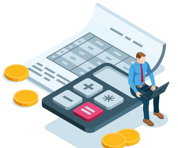 isometric business man sitting on a calculator over a sheet of paper with a table in color on a white background, accountant or tax calculation
