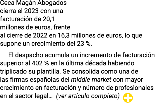 Ceca Magán Abogados cierra el 2023 con una facturación de 20,1 millones de euros, frente al cierre de 2022 en 16,3 mi   
