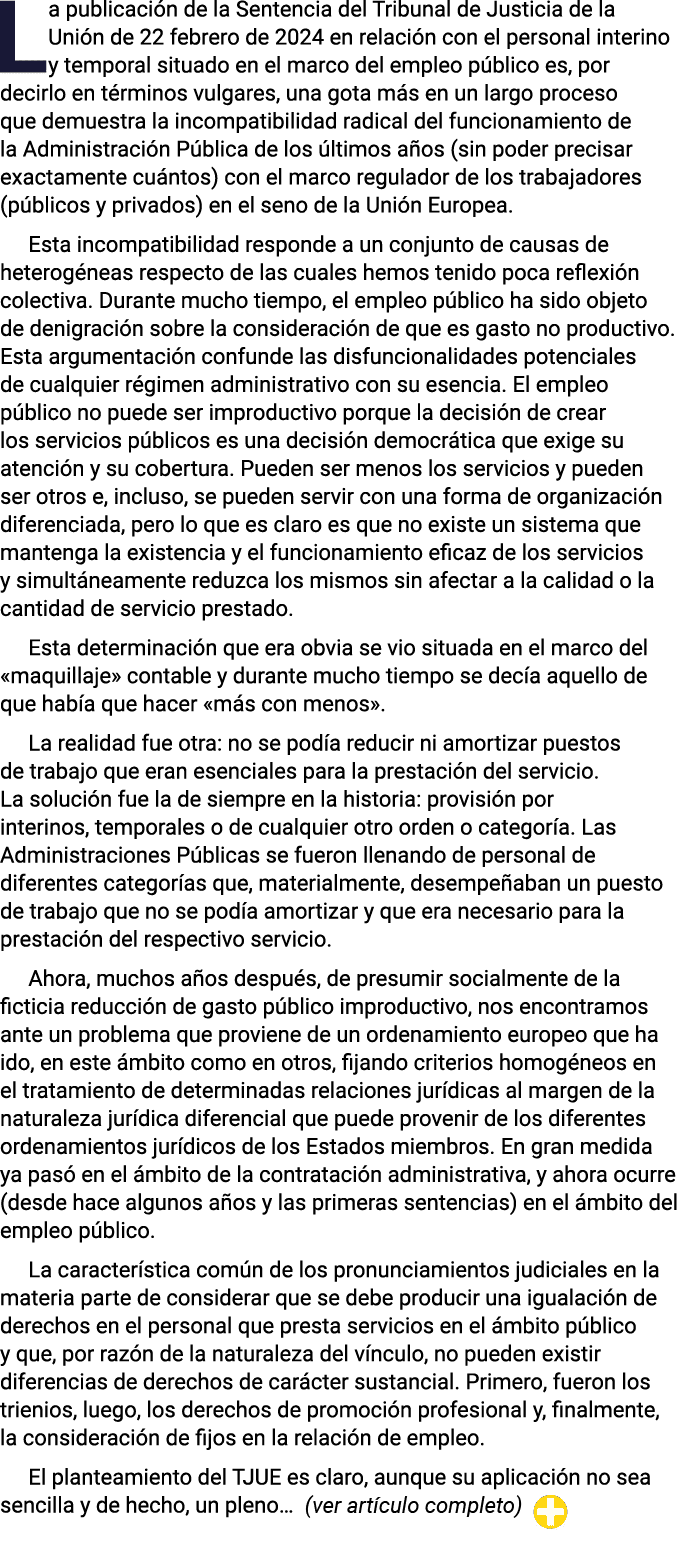La publicación de la Sentencia del Tribunal de Justicia de la Unión de 22 febrero de 2024 en relación con el personal   