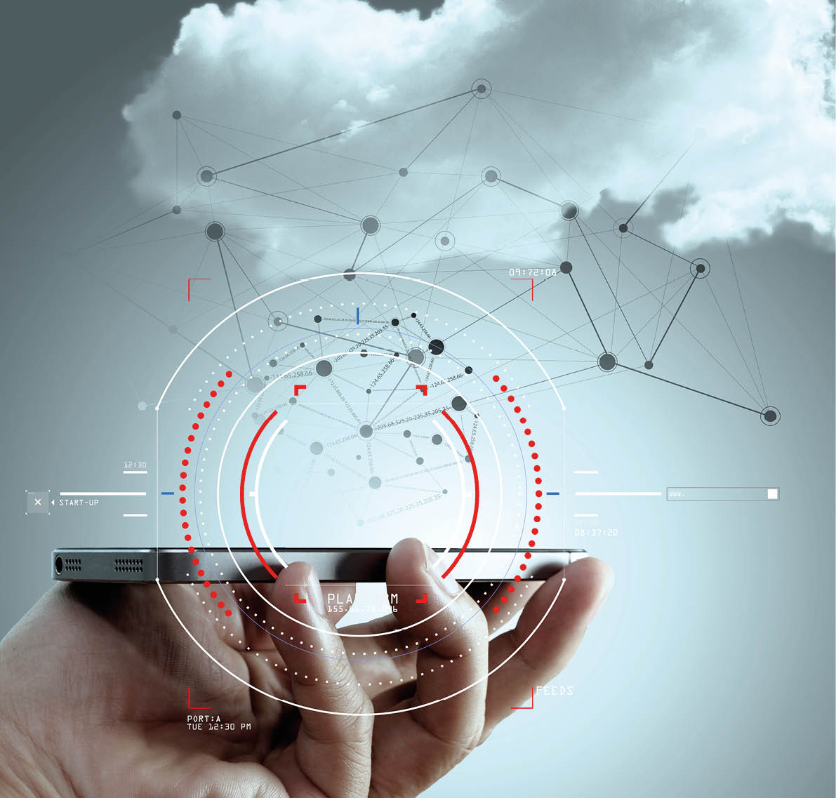 Concept of target focus digital diagram,graph interfaces,virtual UI screen,connections netwoork Hipster finance analist working with smart phone 