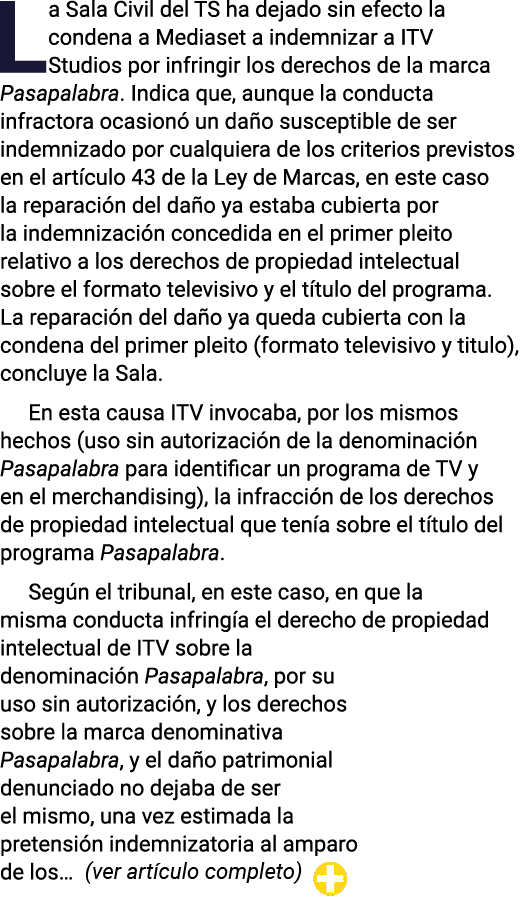 La Sala Civil del TS ha dejado sin efecto la condena a Mediaset a indemnizar a ITV Studios por infringir los derechos   