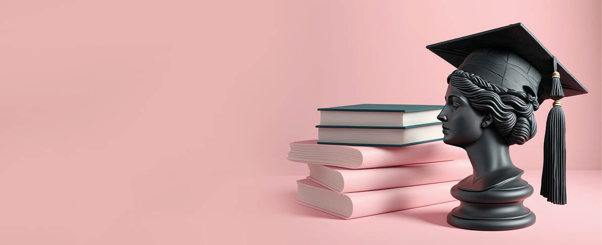 Plaster head of woman in a traditional Graduate cap stands on academic books, pink background, minimalism  The concept of graduation from school, university, education, study, scientific papers