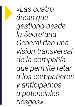   Las cuatro áreas que gestiono desde la Secretaria General dan una visión transversal de la compañía que permite ret   