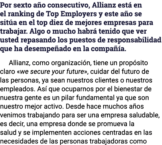Por sexto año consecutivo, Allianz está en el ranking de Top Employers y este año se sitúa en el top diez de mejores    