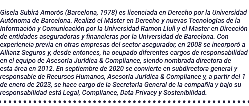 Gisela Subirà Amorós (Barcelona, 1978) es licenciada en Derecho por la Universidad Autónoma de Barcelona  Realizó el    