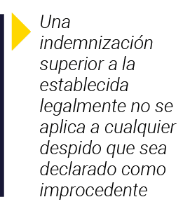  Una indemnización superior a la establecida legalmente no se aplica a cualquier despido que sea declarado como impro   