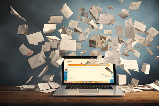 email clutter and spam concept with envelopes fliying above laptop computer