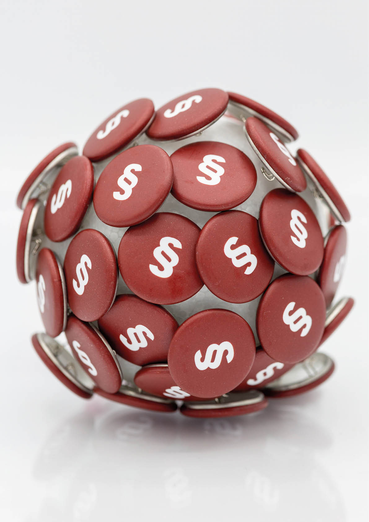 Ball with many red paragraph symbols, standing for law, order and laws, online and in true life with white background  Vertical