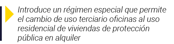 Introduce un régimen especial que permite el cambio de uso terciario oficinas al uso residencial de viviendas de pro   