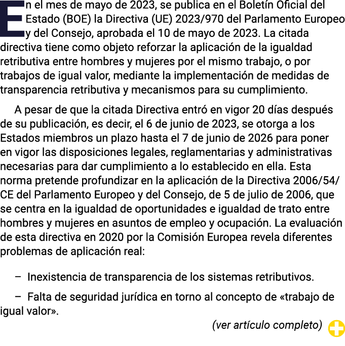 En el mes de mayo de 2023, se publica en el Boletín Oficial del Estado (BOE) la Directiva (UE) 2023 970 del Parlament   