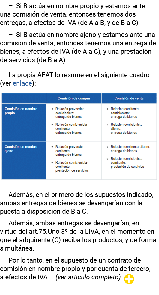   Si B actúa en nombre propio y estamos ante una comisión de venta, entonces tenemos dos entregas, a efectos de IVA (   