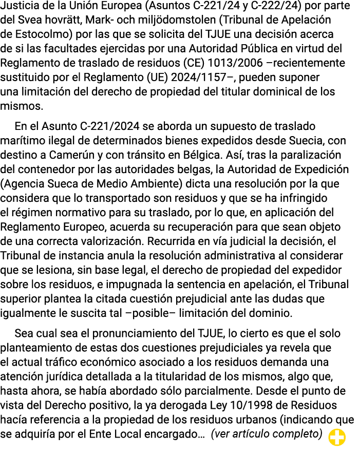 Justicia de la Unión Europea (Asuntos C-221 24 y C-222 24) por parte del Svea hovrätt, Mark- och miljödomstolen (Trib   