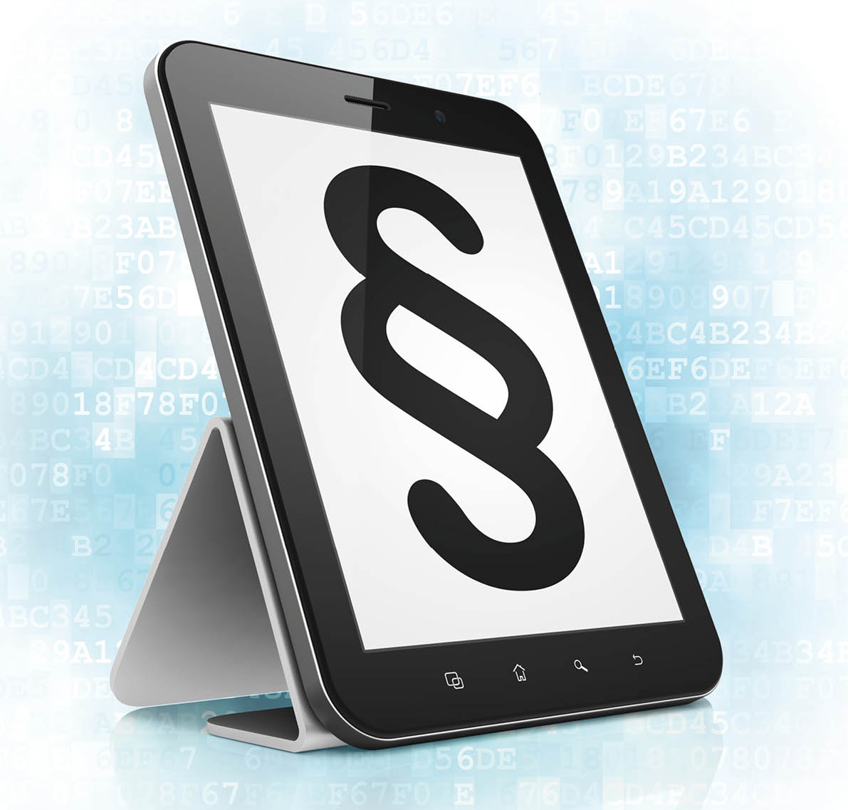 Law concept: black tablet pc computer with Paragraph icon on display  Modern portable touch pad on Blue Digital background, 3d render