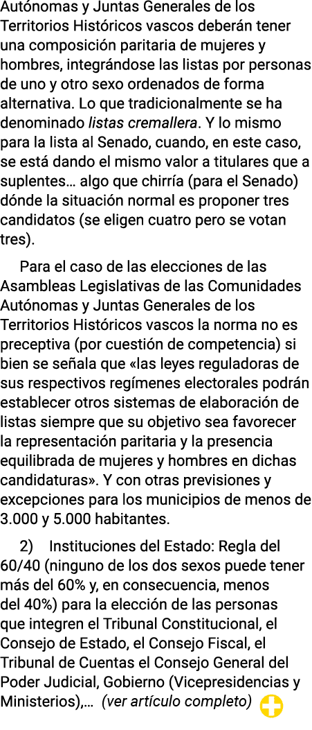 Autónomas y Juntas Generales de los Territorios Históricos vascos deberán tener una composición paritaria de mujeres    