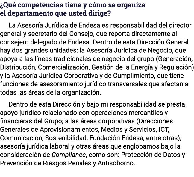  Qué competencias tiene y cómo se organiza el departamento que usted dirige  La Asesoría Jurídica de Endesa es respon   