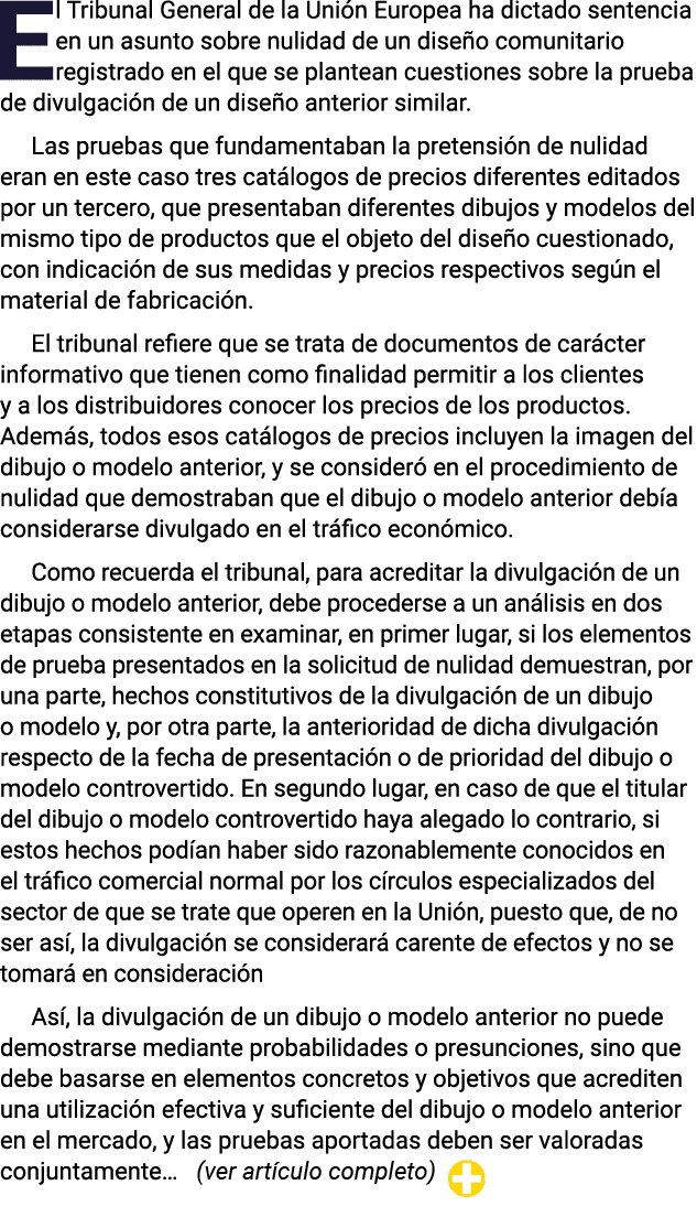El Tribunal General de la Unión Europea ha dictado sentencia en un asunto sobre nulidad de un diseño comunitario regi   
