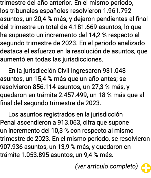 trimestre del año anterior  En el mismo periodo, los tribunales españoles resolvieron 1 961 792 asuntos, un 20,4 % má   