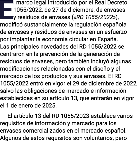 El marco legal introducido por el Real  Decreto 1055 2022, de  27 de diciembre, de envases y residuos de envases ( RD   