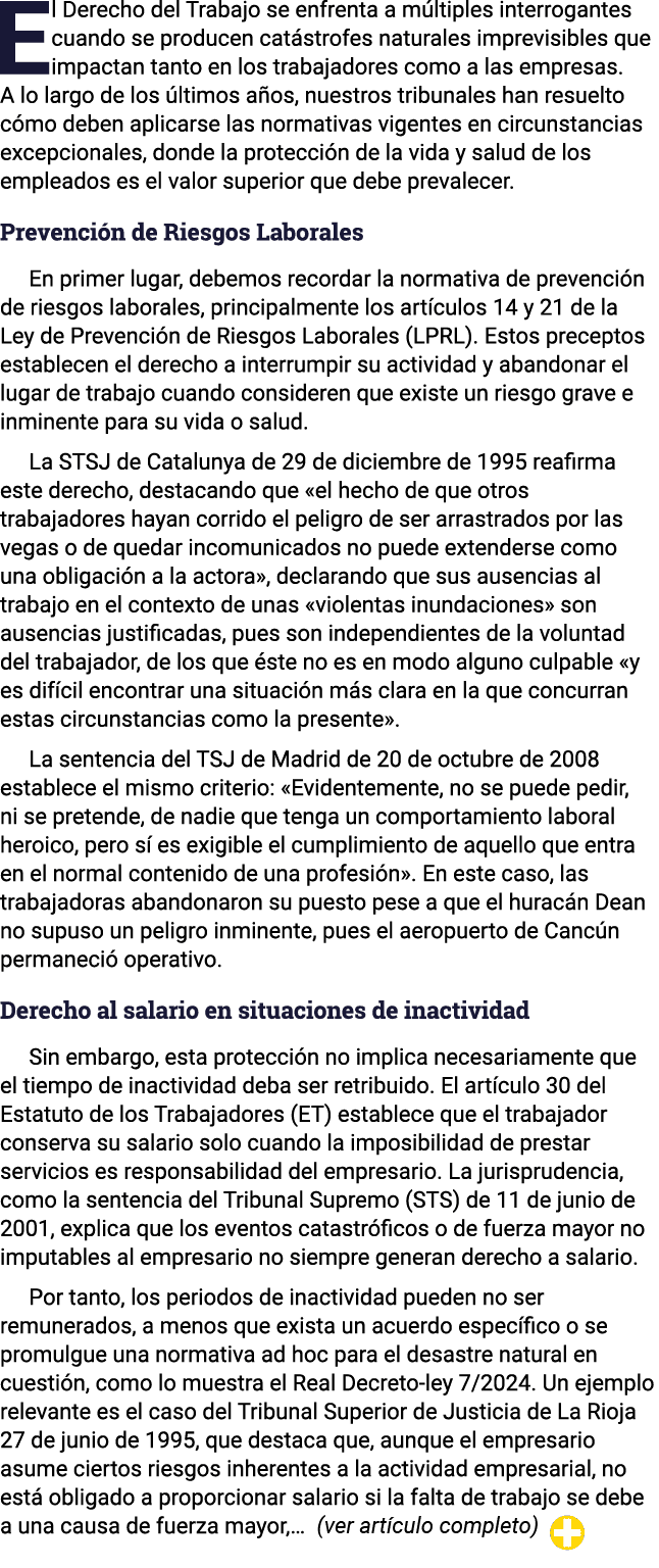 El Derecho del Trabajo se enfrenta a múltiples interrogantes cuando se producen catástrofes naturales imprevisibles q   