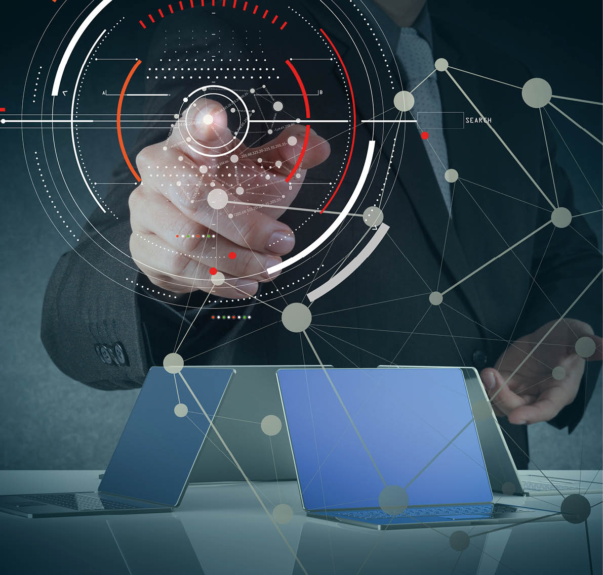 Concept of target focus digital diagram,graph interfaces,virtual UI screen,connections netwoork Hipster finance analyst working at trendy office