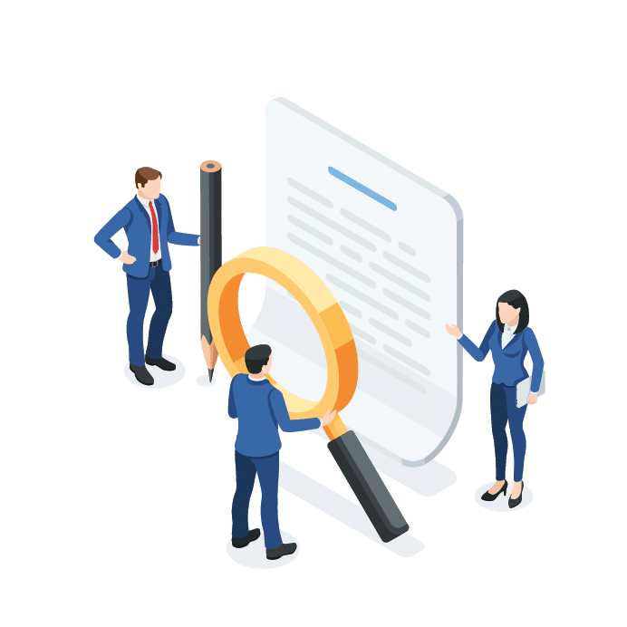 isometric vector business people with a pencil and a magnifying glass stand near a paper document, in color on a white background, study a document or contract