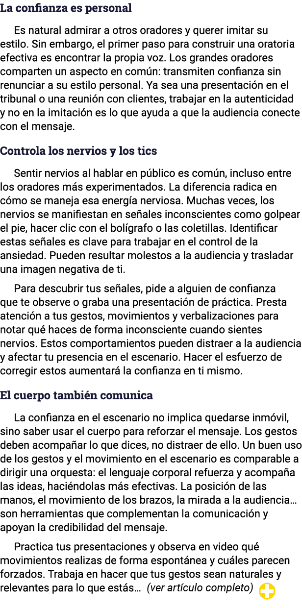 La confianza es personal Es natural admirar a otros oradores y querer imitar su estilo  Sin embargo, el primer paso p   
