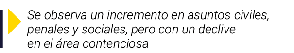  Se observa un incremento en asuntos civiles, penales y sociales, pero con un declive en el área contenciosa