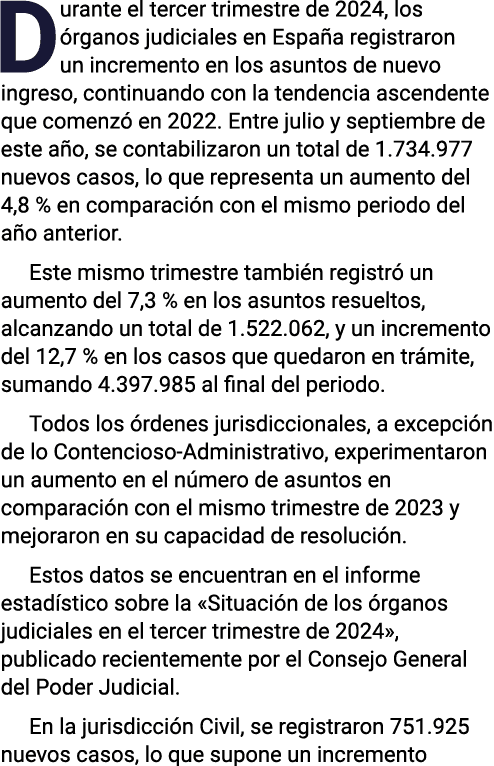 Durante el tercer trimestre de 2024, los órganos judiciales en España registraron un incremento en los asuntos de nue   