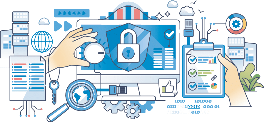 Cybersecurity training for information protection outline hands concept  Learning to recognize online threats and vulnerability to prevent data from cyber attacks and leaks vector illustration 