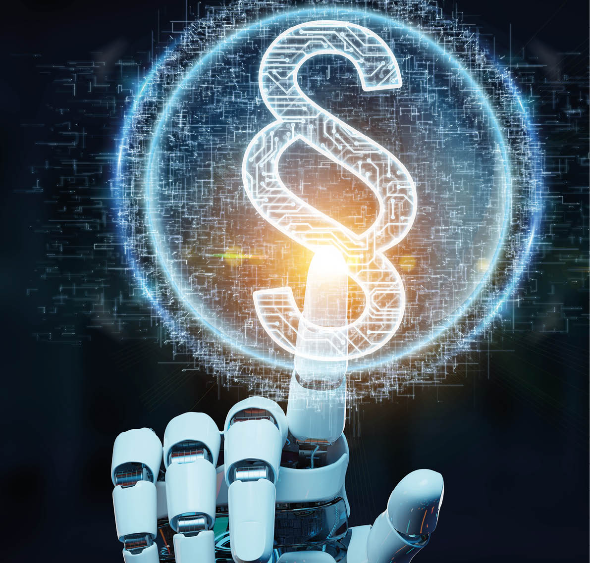 White robot hand on blurred background using law paragraph digital hologram 3D rendering