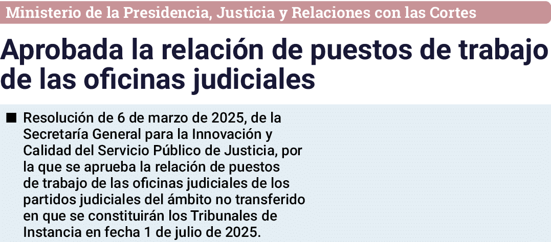 Ministerio de la Presidencia, Justicia y Relaciones con las Cortes Aprobada la relación de puestos de trabajo de las    