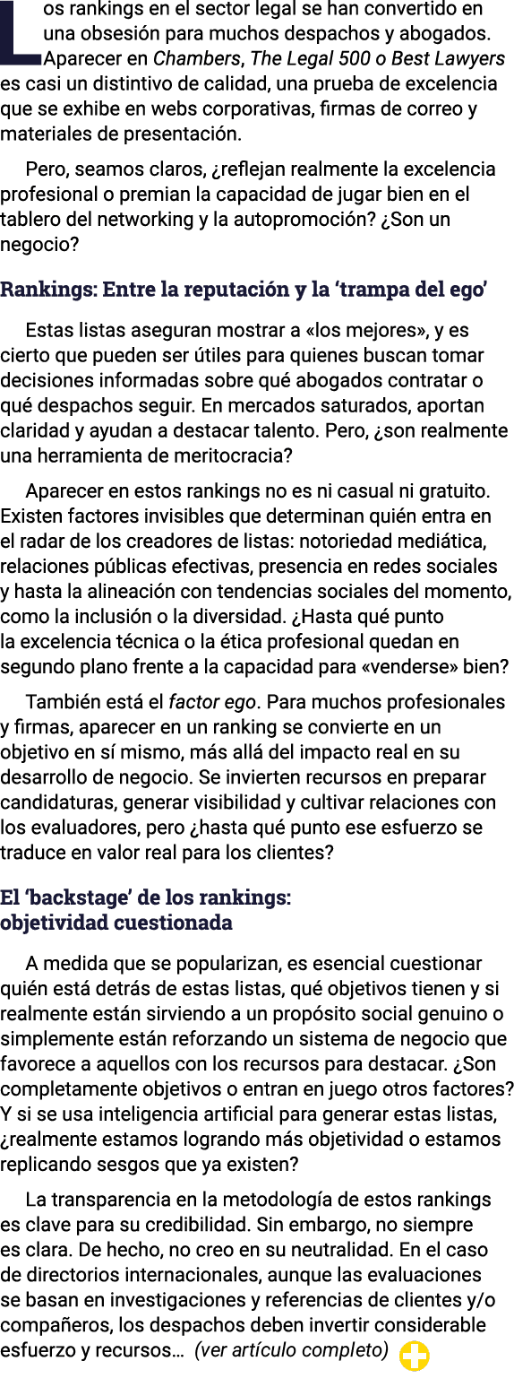 Los rankings en el sector legal se han convertido en una obsesión para muchos despachos y abogados  Aparecer en Chamb   