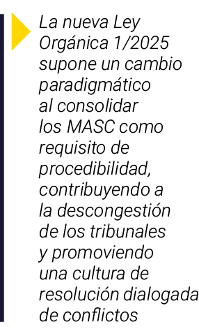  La nueva Ley Orgánica 1 2025 supone un cambio paradigmático al consolidar los MASC como requisito de procedibilidad,   