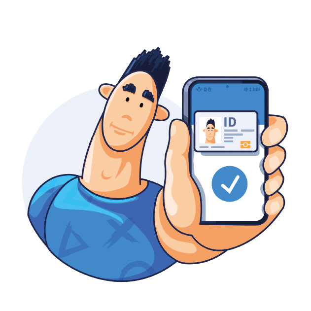 flat vector illustration isolated on white background, male character holding smartphone in outstretched hand, digital ID card