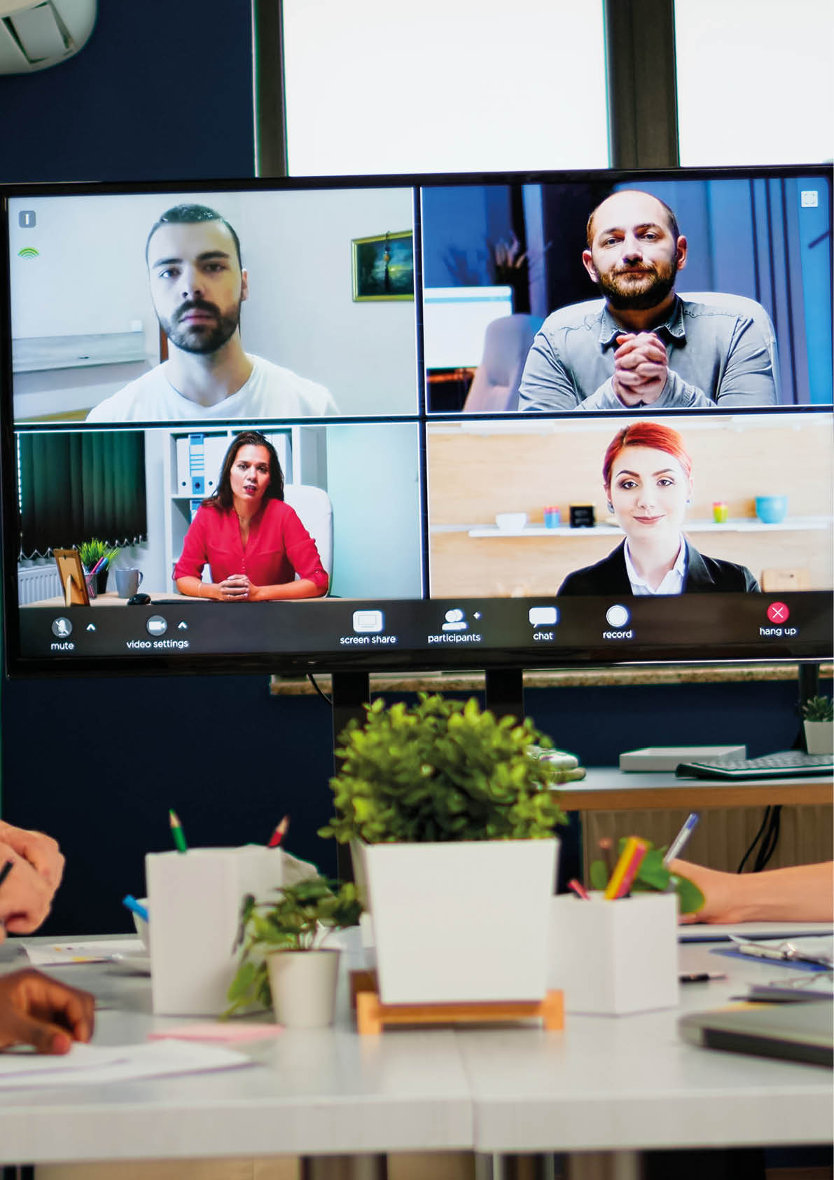 Team working by group video call share ideas brainstorming negotiating use video conference, pc screen view multi ethnic young people  Diverse people talking at virtual meeting, online discussion 