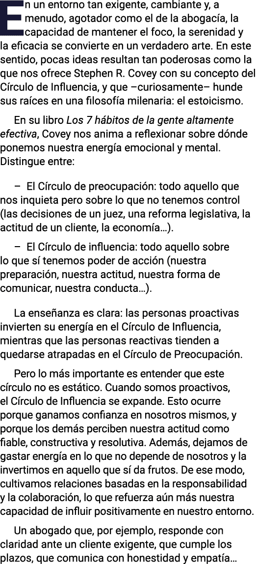En un entorno tan exigente, cambiante y, a menudo, agotador como el de la abogacía, la capacidad de mantener el foco,   
