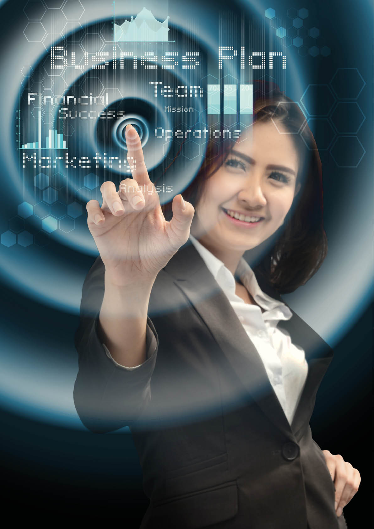 business and future technology concept - smiling businesswoman working with virtual screen 